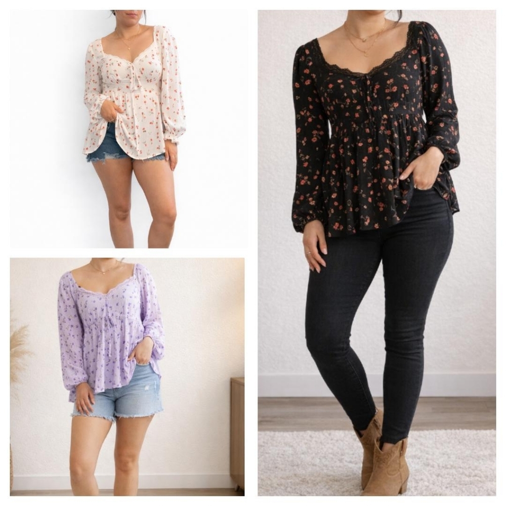 SOLD- 3 Floral Lace Patchwork Lantern Sleeve T-Shirt Graphic Tees Women